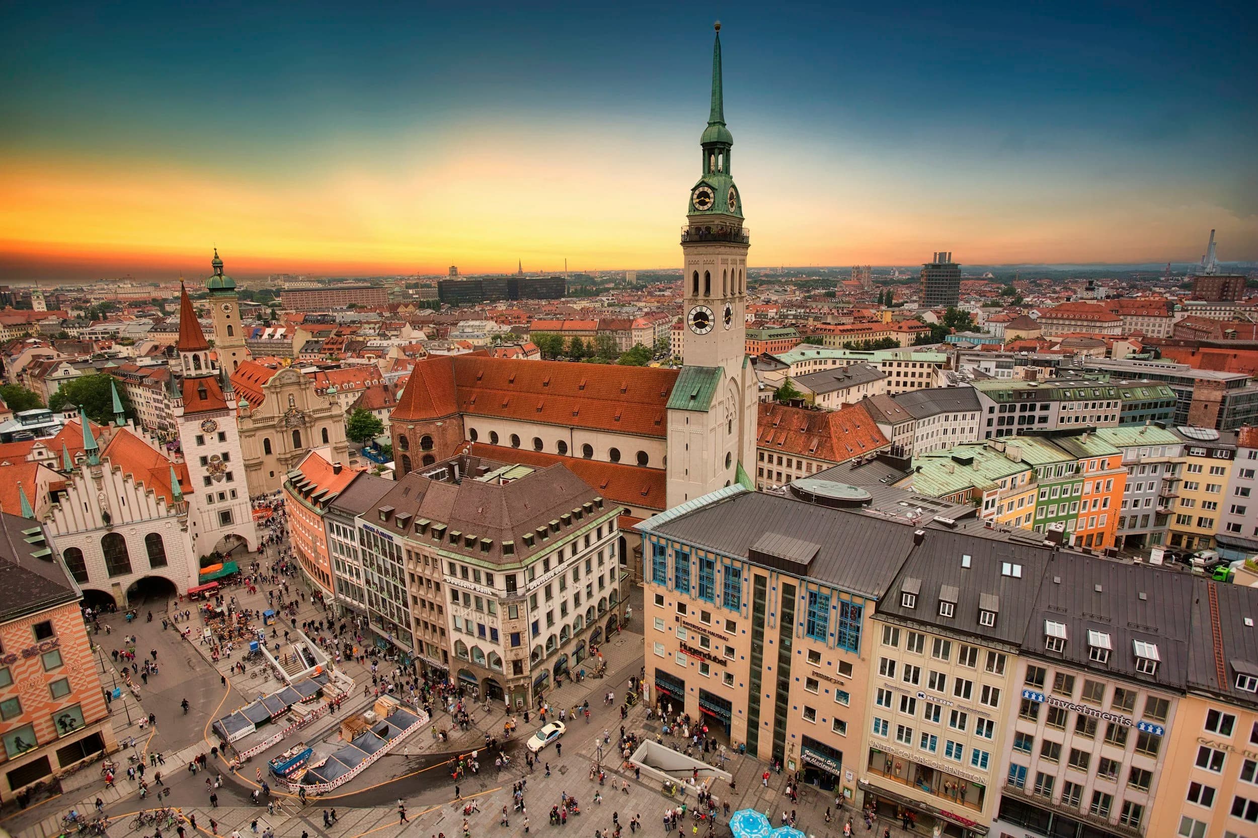Aerial view of Munich city centre at sunset — home to two of Germany's top three universities