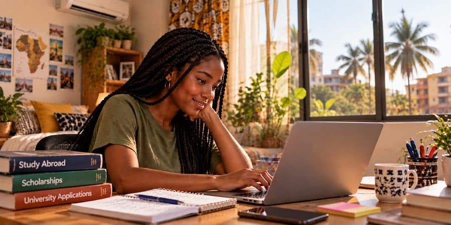 Woman researching study abroad, scholarships and university applications on her laptop at home