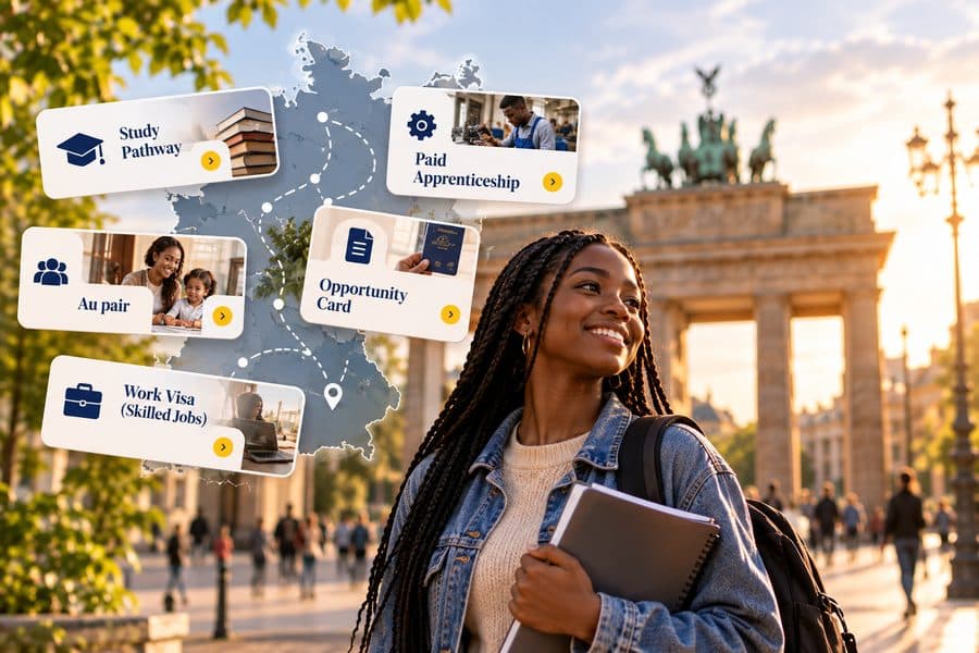 Woman in Berlin with floating cards showing Study Pathway, Paid Apprenticeship, Au Pair, Opportunity Card and Work Visa options
