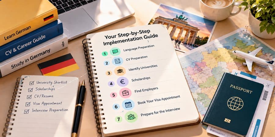 A step-by-step implementation guide notebook listing language preparation, CV preparation, identifying universities, scholarships, finding employers, booking the visa appointment and interview preparation