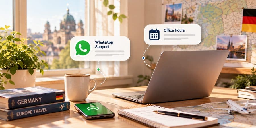A desk with a laptop and phone showing WhatsApp Support and Office Hours notifications, with Germany travel books and a map
