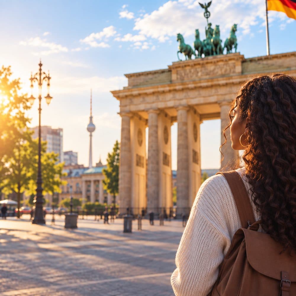 Woman looking up at the Brandenburg Gate in Berlin